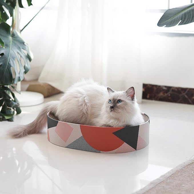 Eco-friendly cardboard cat scratcher bed for claw care & relaxation, featuring a stylish wood look design.