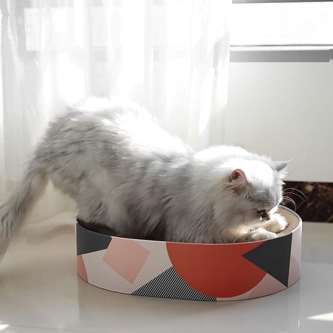 Modern wood-look cat lounge & scratcher, offering a cozy bed for pet comfort and essential claw care.