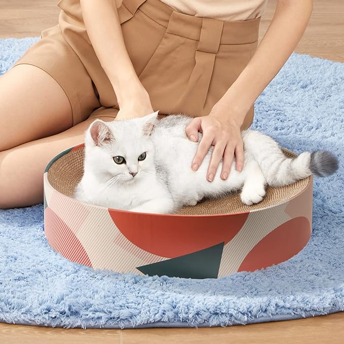Durable cardboard cat scratcher bed, ideal pet furniture for claw care, relaxation, & cat comfort.