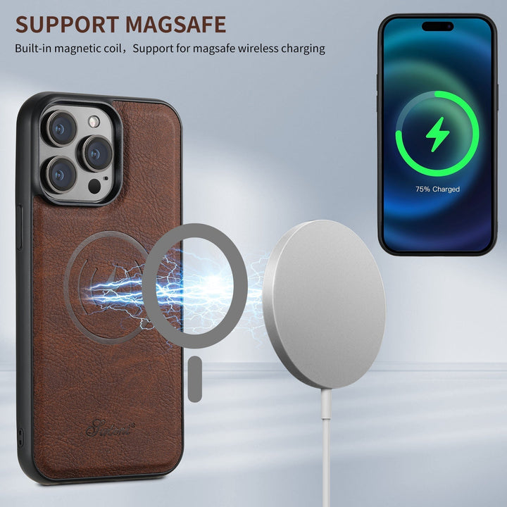 Luxurious unisex phone case for iPhone with integrated card holder and magnetic kickstand. Sleek and protective leather design.