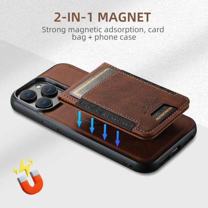 Durable leather phone case for iPhone, featuring multiple card slots and a built-in magnetic stand for hands-free viewing.