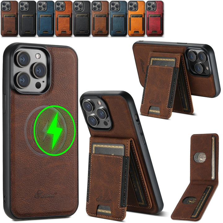 New iPhone luxury protective case with convenient card holder, magnetic stand, and wireless charging compatibility.