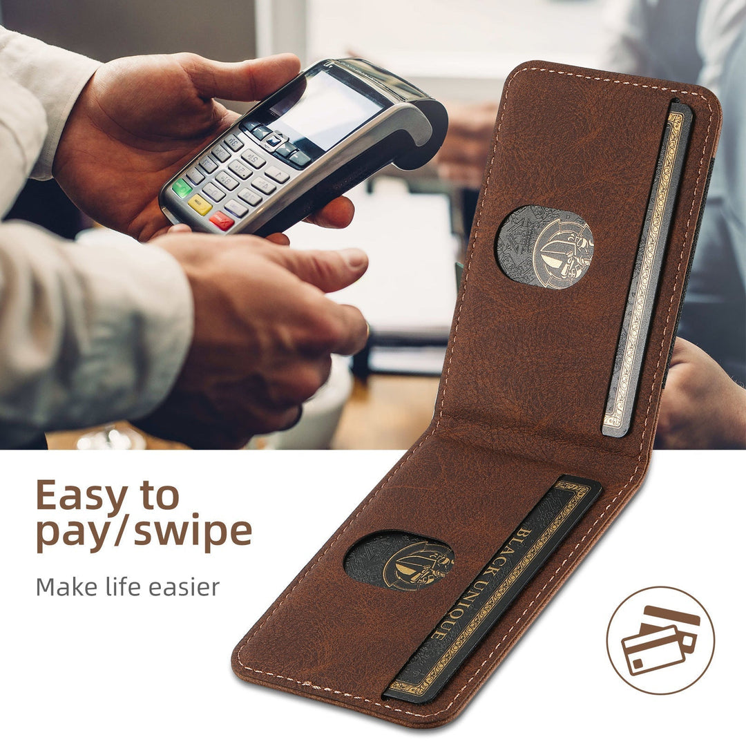 Elegant unisex leather iPhone case offering superior protection, a practical card holder, and an innovative magnetic stand.