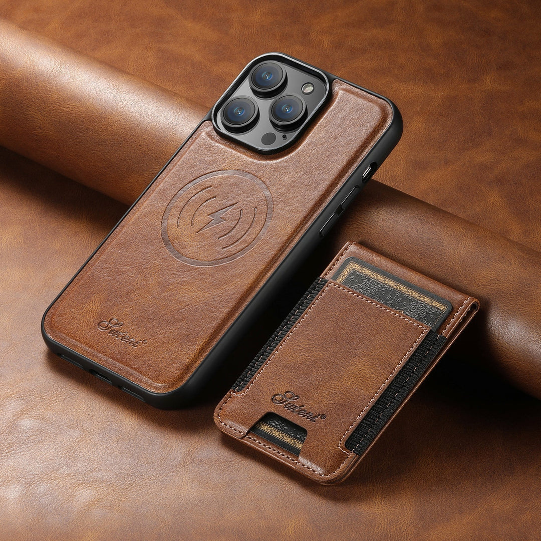 Premium smartphone accessory: a luxurious leather iPhone case with a secure card holder and versatile magnetic viewing stand.