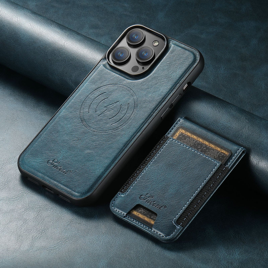 Protective iPhone case crafted from durable leather, featuring a discreet card holder and a sturdy magnetic kickstand.