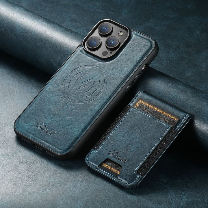 Protective iPhone case crafted from durable leather, featuring a discreet card holder and a sturdy magnetic kickstand.