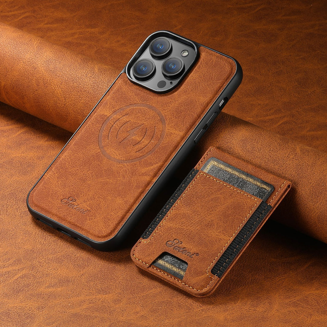 Stylish leather phone case for iPhone users, combining a practical card holder with a built-in magnetic stand and protection.