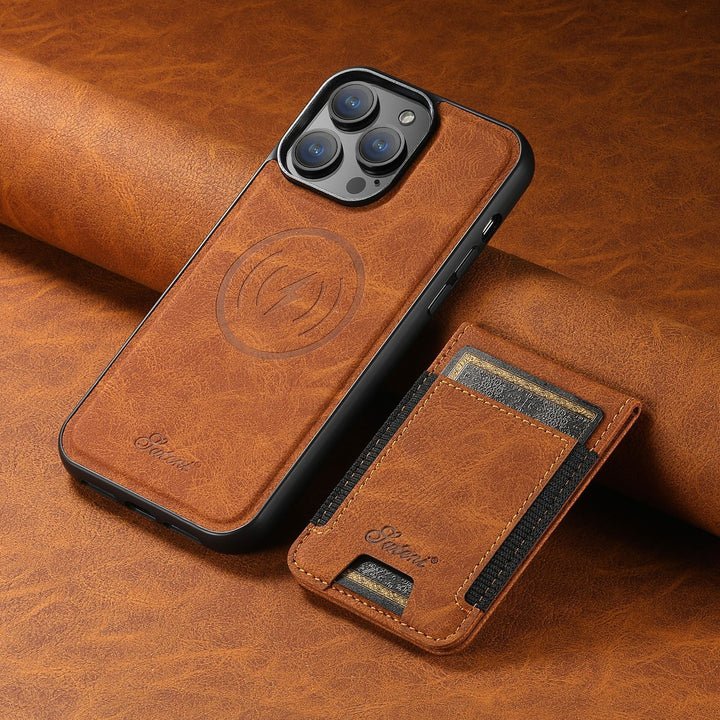 Stylish leather phone case for iPhone users, combining a practical card holder with a built-in magnetic stand and protection.