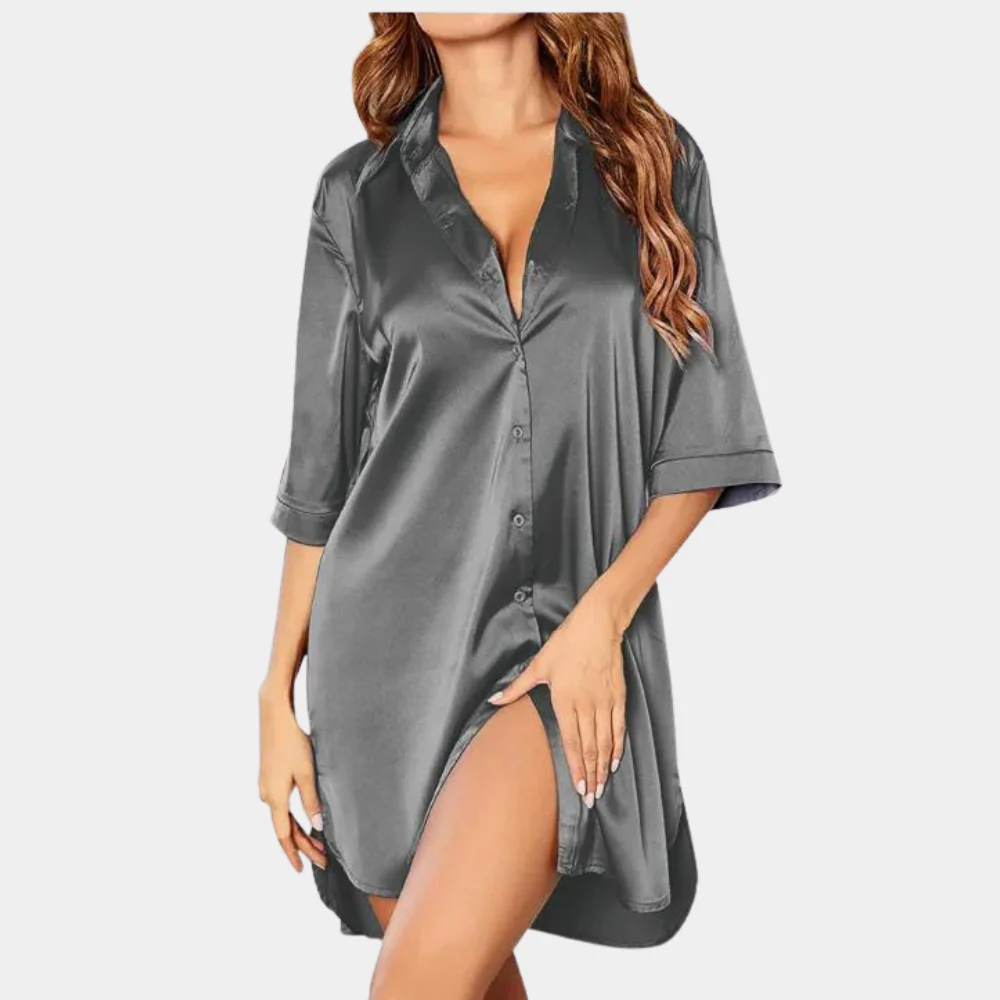 Comfortable women's oversized button-down pajama dress. Chic sleepwear, perfect for relaxing at home.