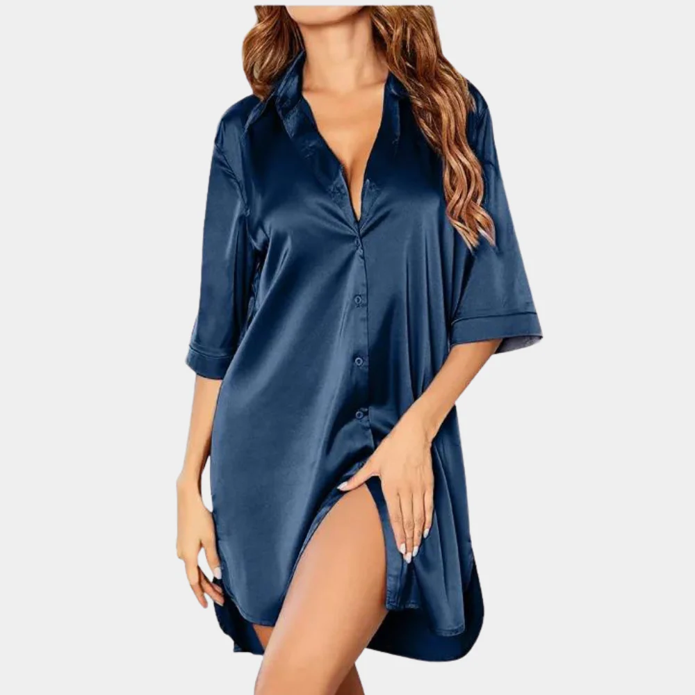 Stylish women's button-down oversized pajama dress. Luxurious nightdress, ideal for elegant loungewear comfort.