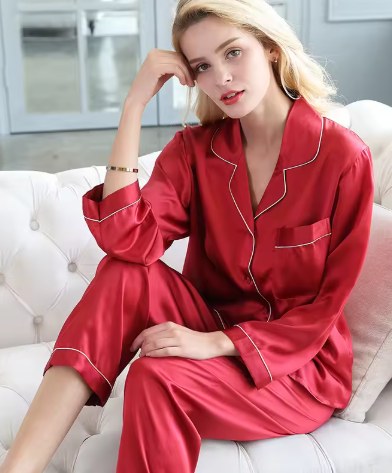 Comfortable women's silky pyjama set, soft feel sleepwear for relaxing at home. Elegant nightwear.