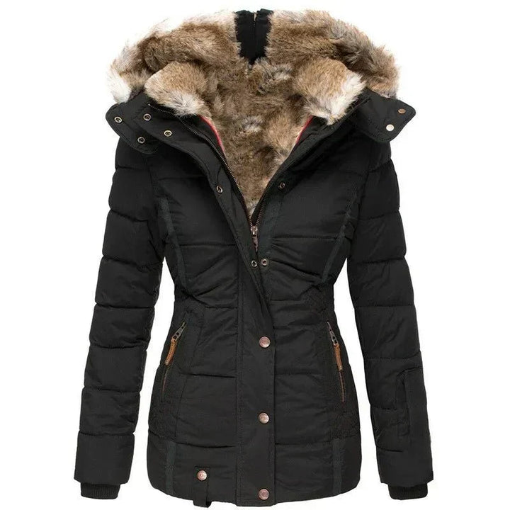 Luxurious women's winter puffer jacket with warm insulation & stylish faux fur hood. Perfect for cold weather.