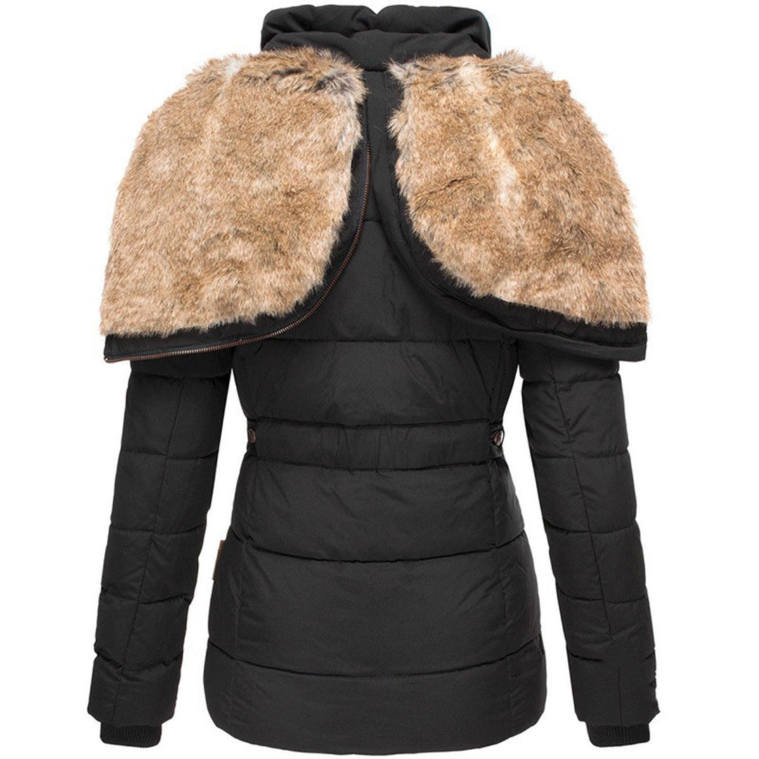 Warm & cozy women's quilted puffer jacket, elegant winter coat with a soft faux fur hood for ladies fashion.