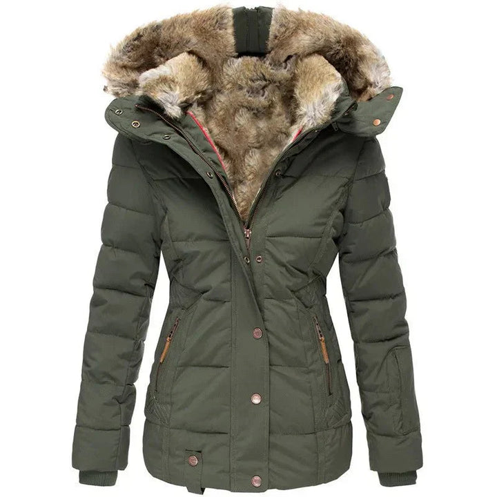 Close-up of the plush faux fur hood on a women's warm winter puffer jacket, adding cozy elegance.
