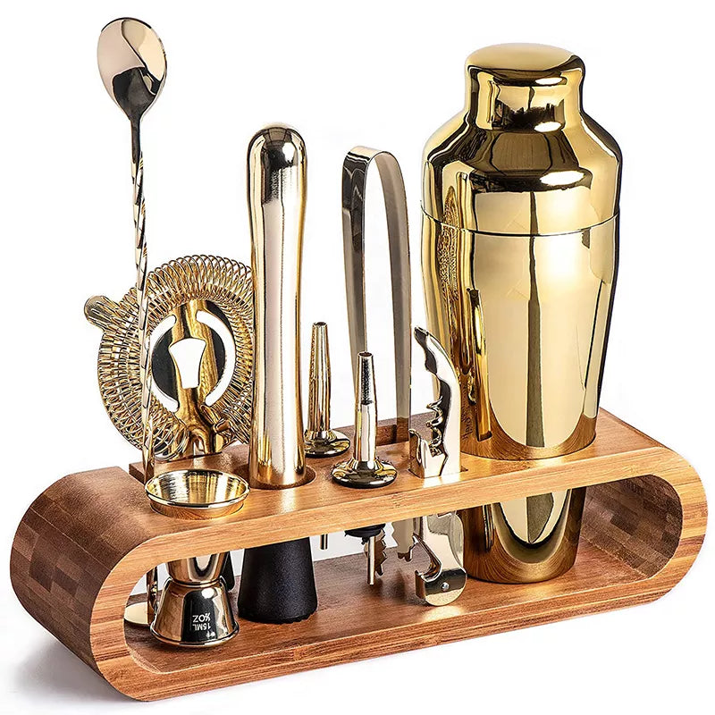 Premium bartender kit with shiny metal tools for professional mixology at your home bar.
