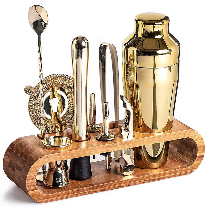 Premium bartender kit with shiny metal tools for professional mixology at your home bar.