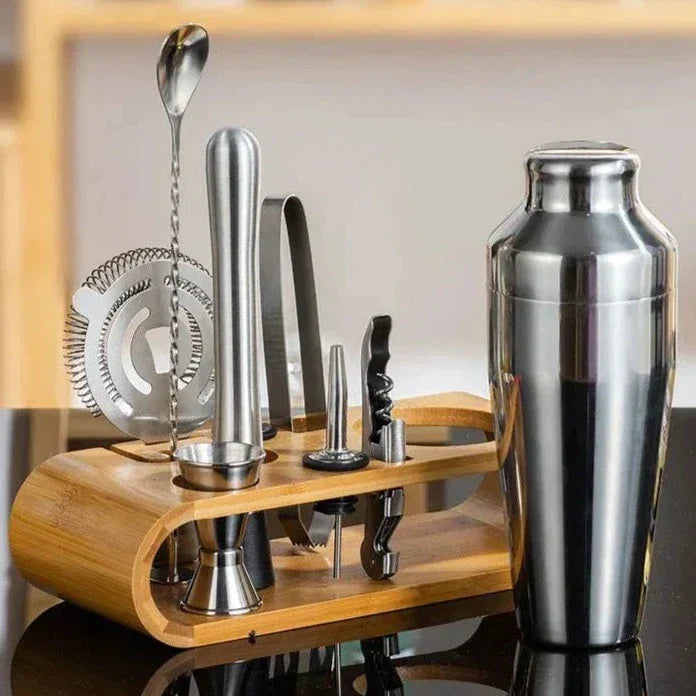 Deluxe metal cocktail set, a complete luxury bar tool kit for aspiring home mixologists.