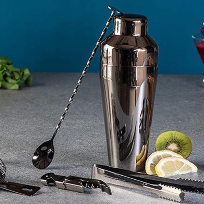 High-quality metallic bar tools for entertaining guests, ideal for a stylish home bar setup.