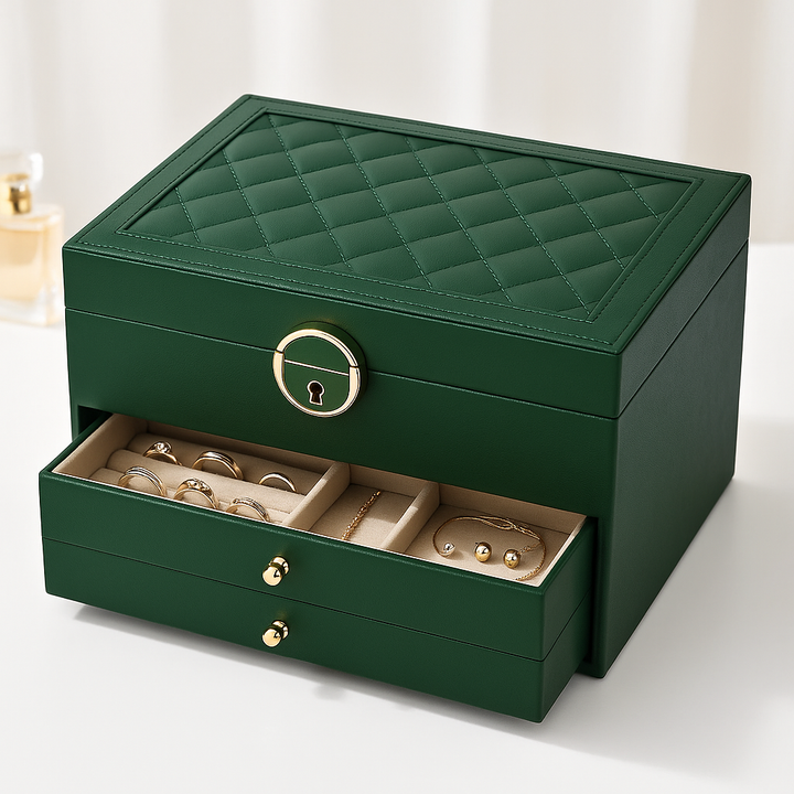 Luxury multi-layer faux leather jewelry organizer box with drawers and lock for women's accessories storage.