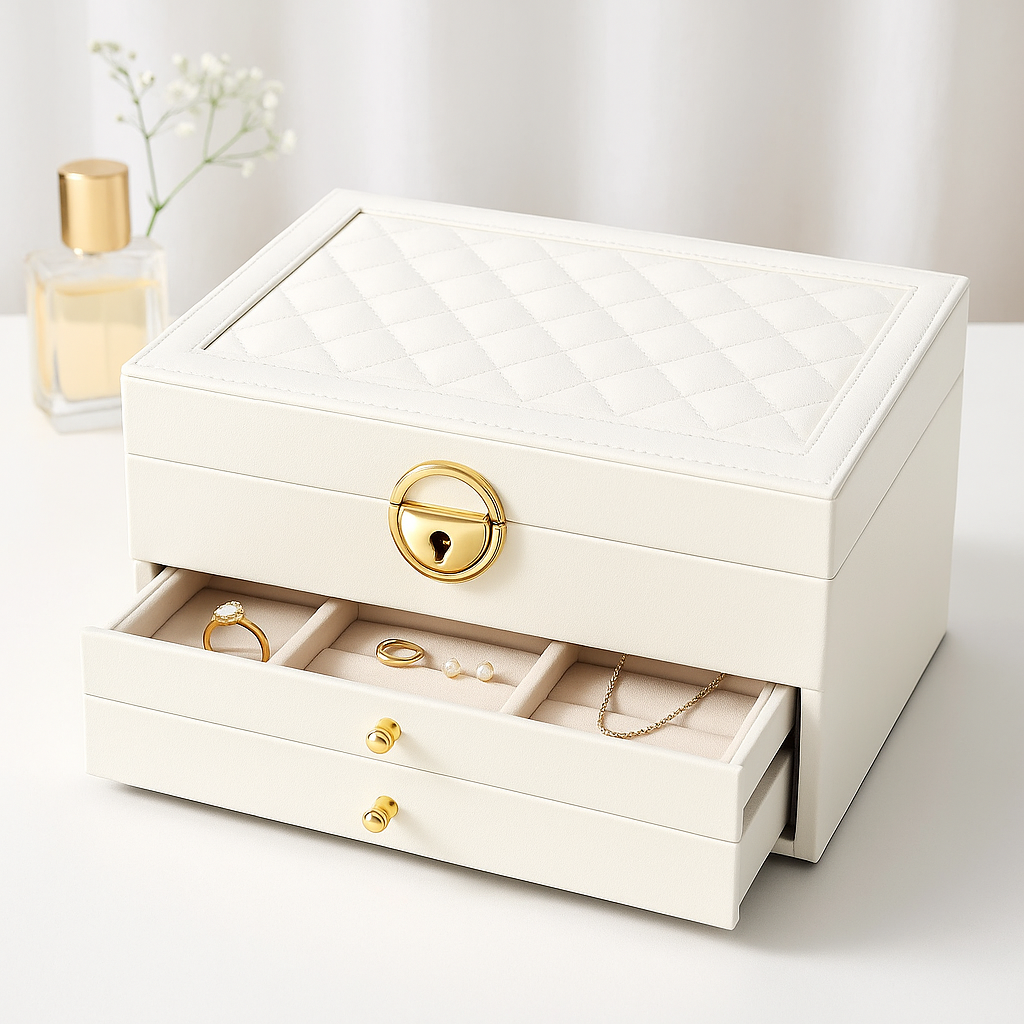 Compact women's luxury jewelry organizer box, perfect for dresser storage of rings, necklaces, and earrings. Ideal gift.