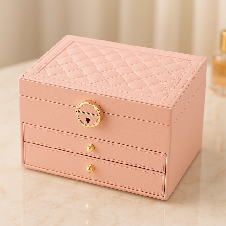 Elegant faux leather jewelry storage box with multiple drawers for rings, earrings, bracelets, and necklaces, includes lock.