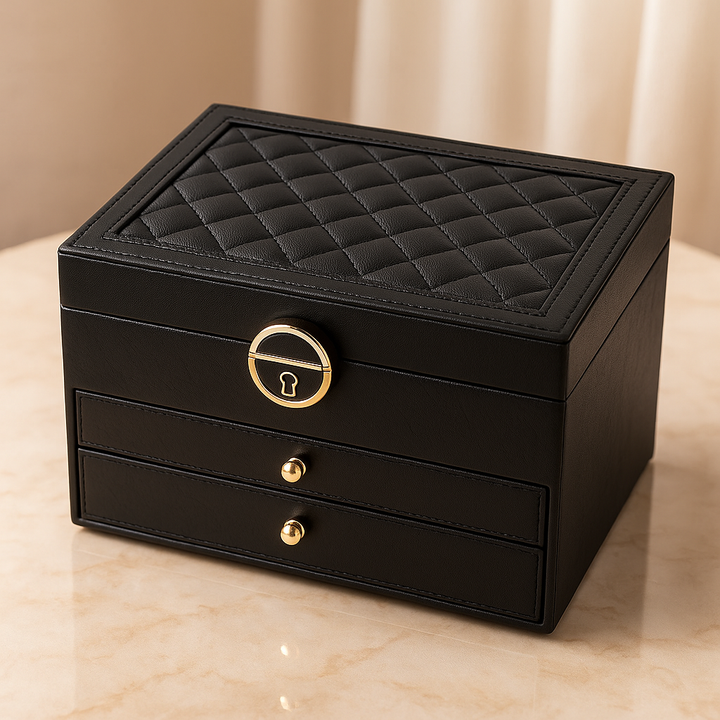 High-end multi-layer jewelry organizer box with smooth drawers, providing secure and organized storage for all accessories.