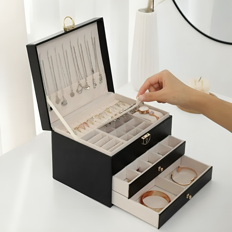 Stylish women's faux leather jewelry box with multi-layer design & drawers for luxury storage of necklaces, rings, and more.