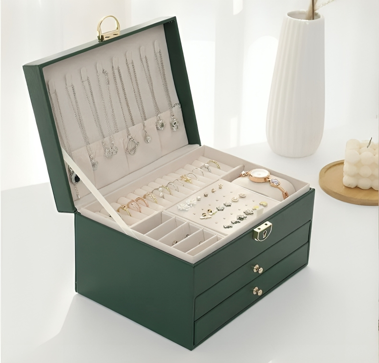 Opened view of a luxury multi-layer jewelry organizer box, showcasing organized compartments and drawers for women's jewelry.