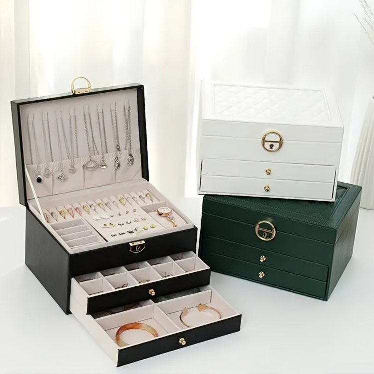 Elegant women's jewelry organizer box with drawers, a luxurious faux leather storage solution and perfect gift for her.