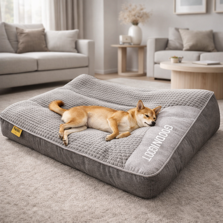Grey memory foam dog bed with integrated headrest, orthopedic support for dogs.