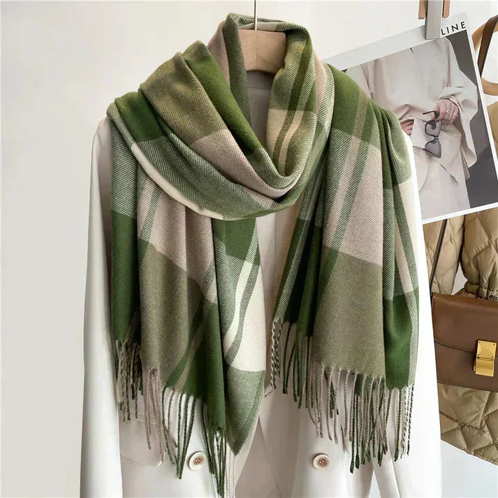 Luxury soft cashmere blend winter scarf in a stylish checkered pattern, perfect for warmth and fashion.