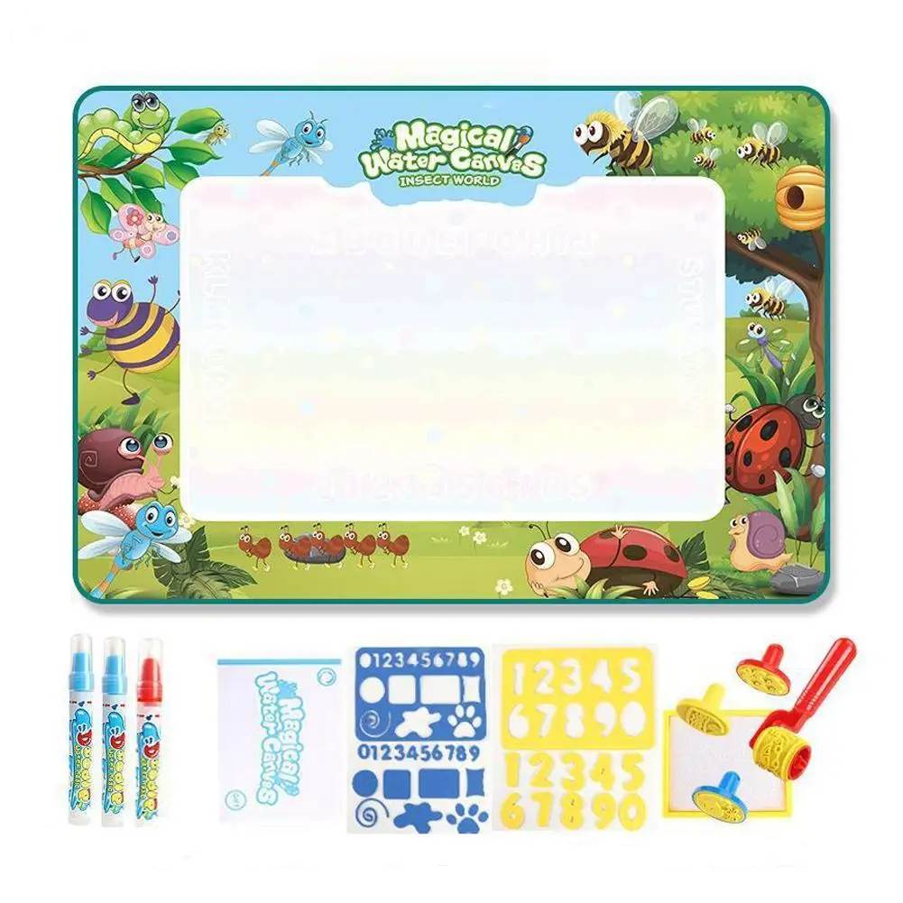 Close-up of reusable Magic Water Drawing Mat with colorful water pen creating instant drawings.