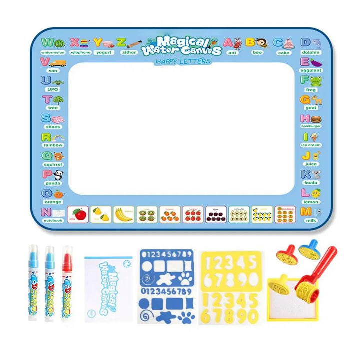 The water drawing mat unfolds to reveal vibrant patterns, a perfect mess-free art toy for toddlers.