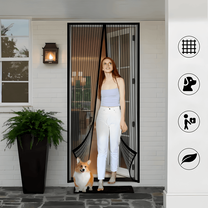 Self-closing magnetic insect screen door curtain. Pet-friendly mesh for home improvement.