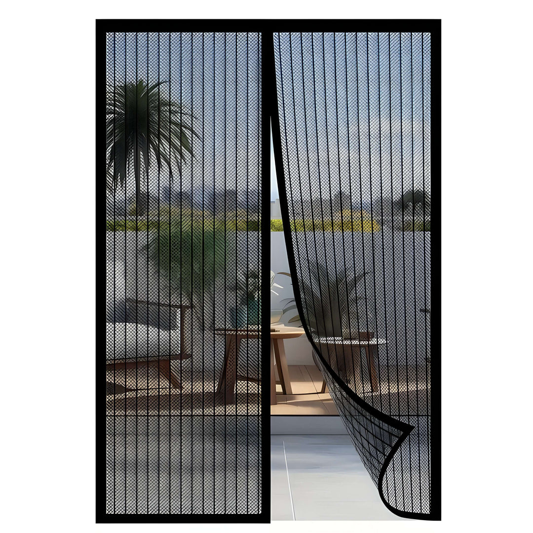 Durable mesh door curtain with magnetic closure. Ideal for insect control & pet access.