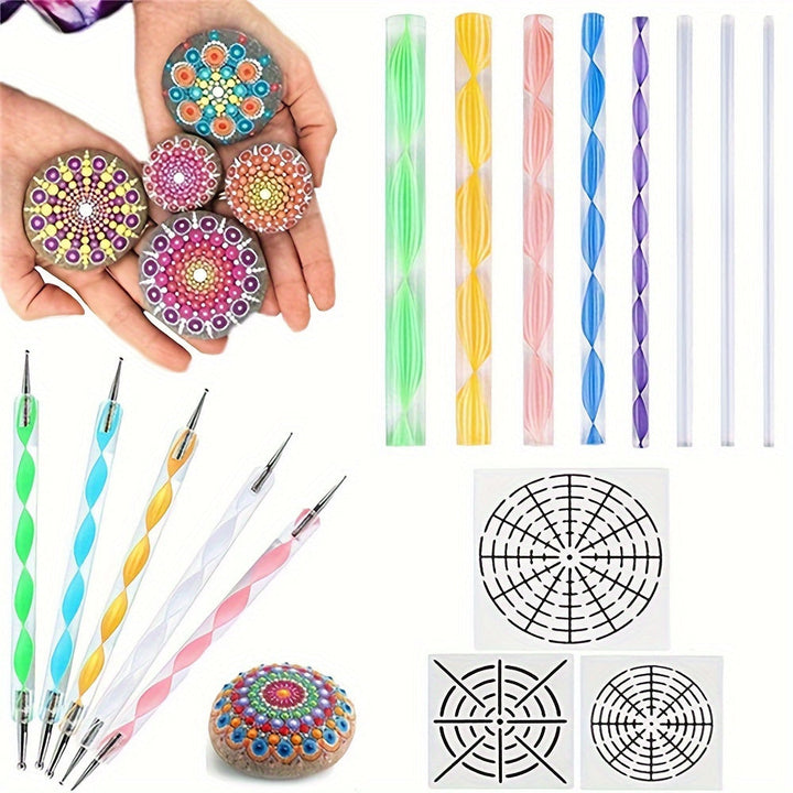 Assorted mandala dotting tools & art supplies for detailed rock painting, ceramic, & DIY craft projects.