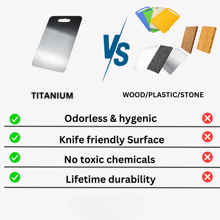 Sleek silver titanium cutting board, medical-grade, non-porous for modern hygienic food prep.