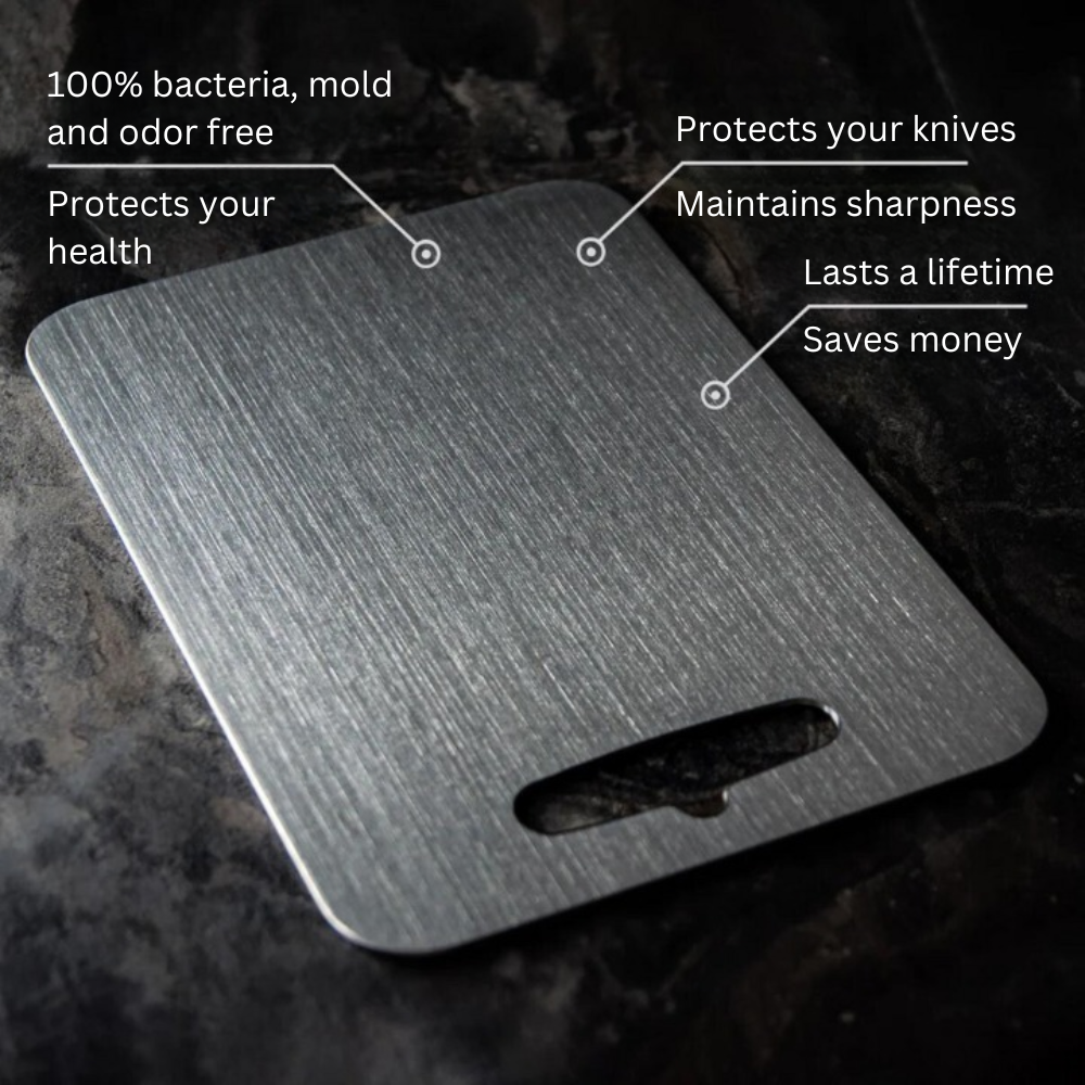 Dishwasher-safe titanium cutting board, non-porous & hygienic for easy kitchen cleanup.