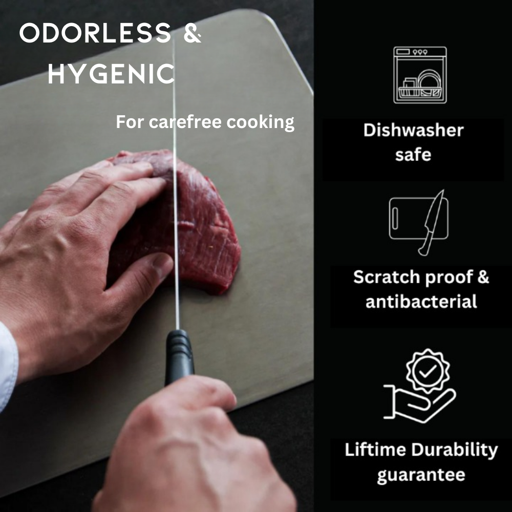 Safe food prep with this silver medical-grade titanium cutting board; non-porous & durable.