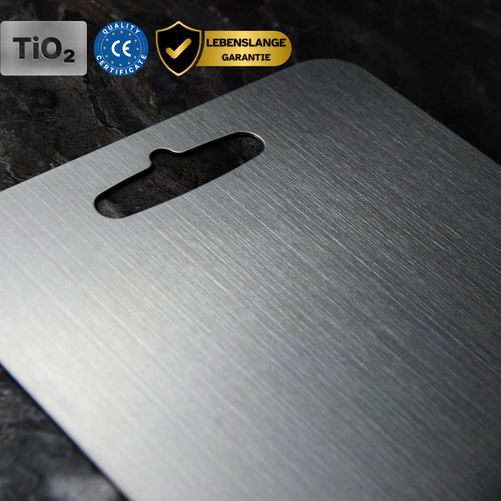 Lightweight, durable medical-grade titanium cutting board for everyday kitchen use.