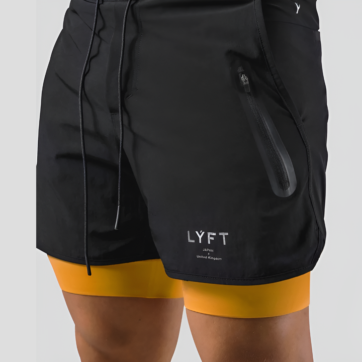 Men's 2-in-1 performance training shorts with built-in compression liner for support.