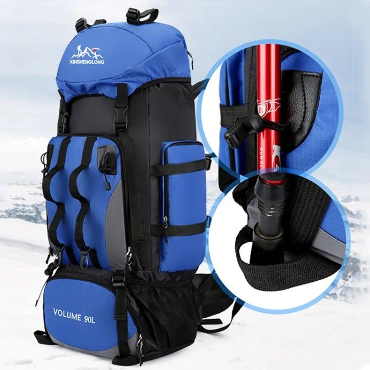 Durable men's 90L waterproof hiking backpack. Large capacity outdoor gear for all-weather camping & travel.
