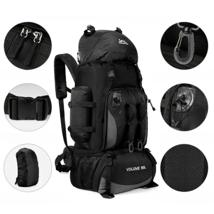 Men's large capacity 90L travel backpack, waterproof & lightweight for long adventure hikes. Outdoor gear.