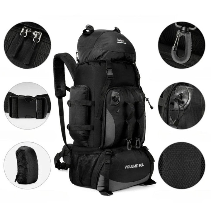 Men's large capacity 90L travel backpack, waterproof & lightweight for long adventure hikes. Outdoor gear.