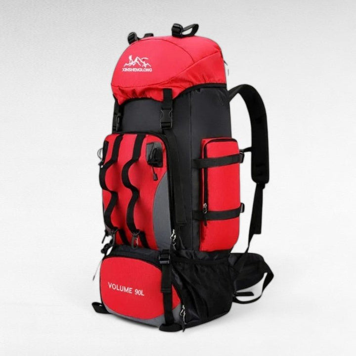 Men's 90L waterproof camping bag, perfect for hiking & outdoor travel. Durable adventure backpack.