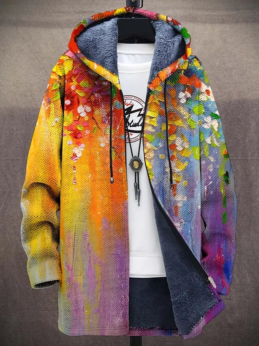Men's abstract art print zip-up hoodie cardigan, vibrant & bold streetwear for casual wear.