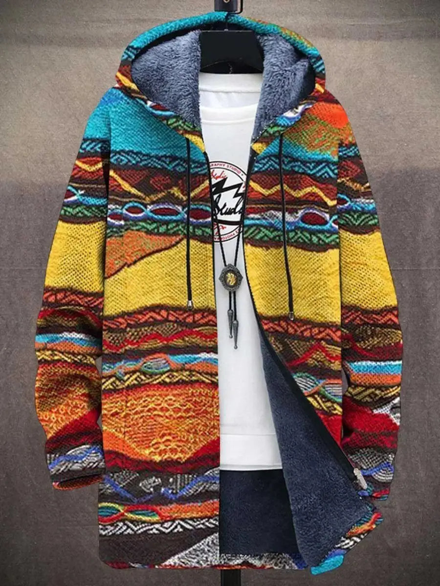 Colorful abstract art print men's hoodie cardigan. Stylish zip-up outerwear, great for streetwear.