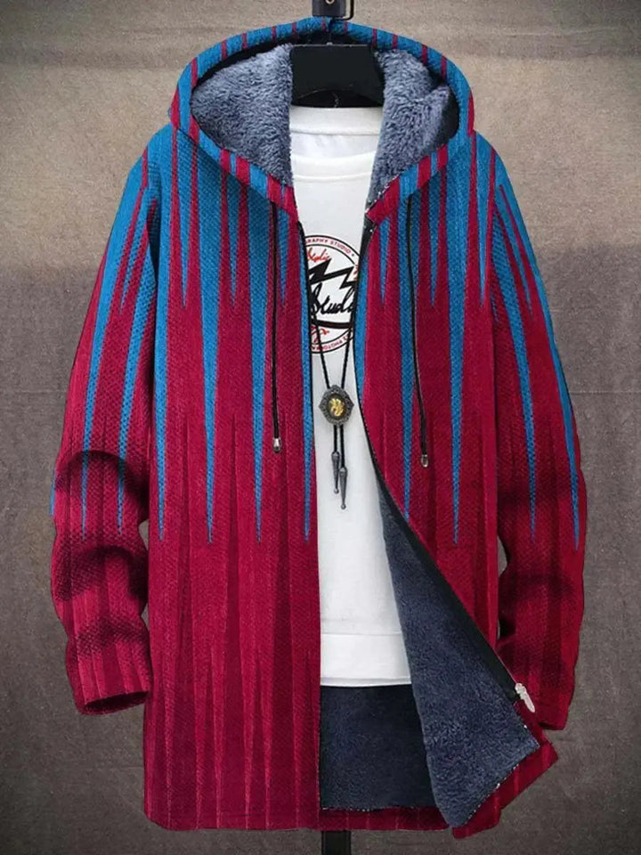 Bold abstract art print men's zip-up hoodie cardigan. A colorful statement top for modern casual wear.