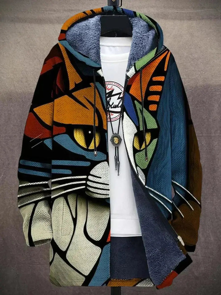 Men's zip-up hoodie cardigan featuring a vibrant abstract art print. Ideal for streetwear and comfort.