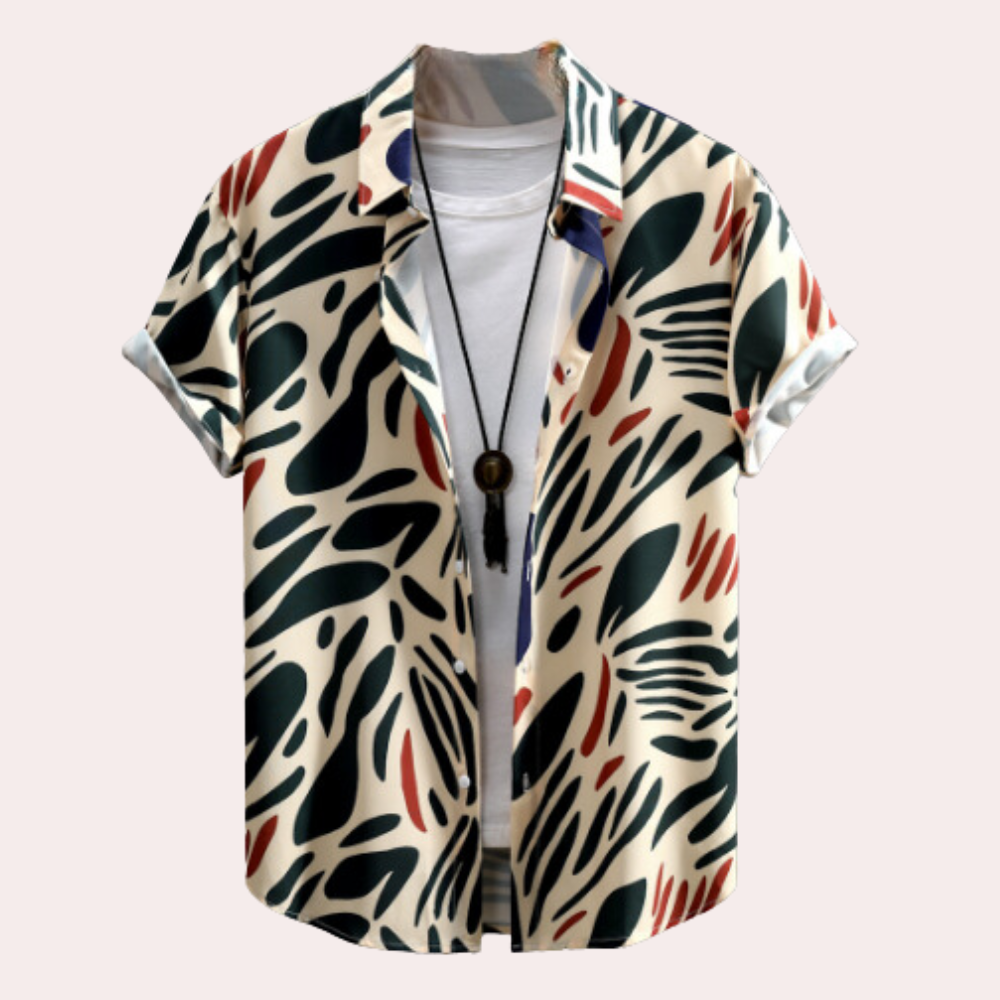 Men's abstract pattern short sleeve shirt with a relaxed fit, perfect for casual summer fashion.